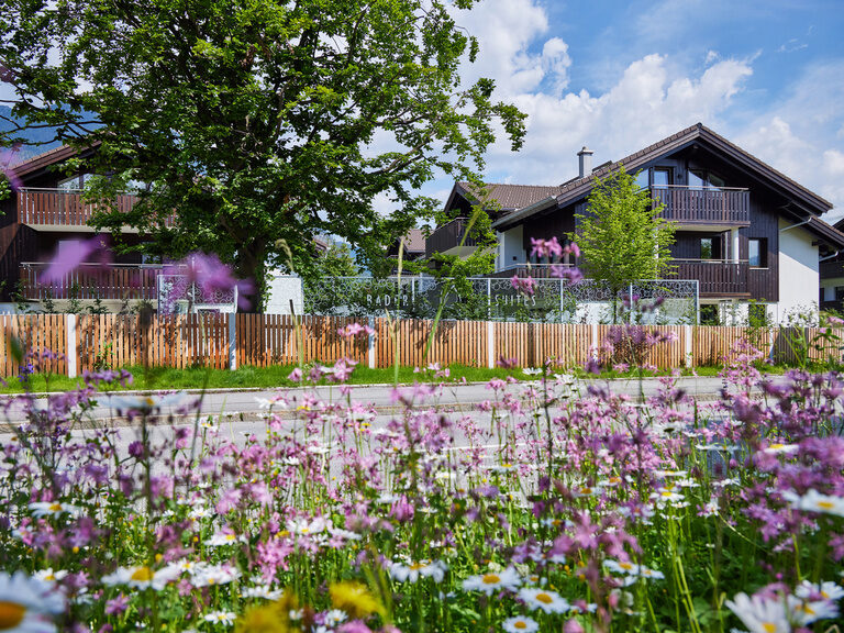Wildblühende Blumen schmücken die Außenansicht auf zwei Apartmenthäuser der Bader Suites.